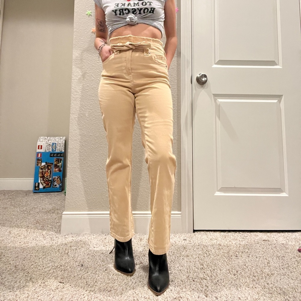 Trendy High Rise Tan Straight Leg pants with bow